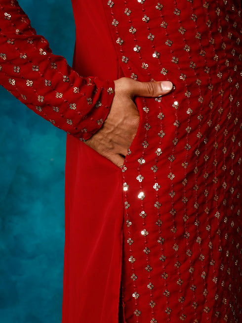 Men's Maroon Georgette Sequins Kurta